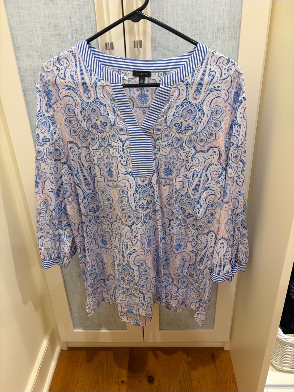 Talbots Blue & White Paisley Popover Tunic with Striped Trim